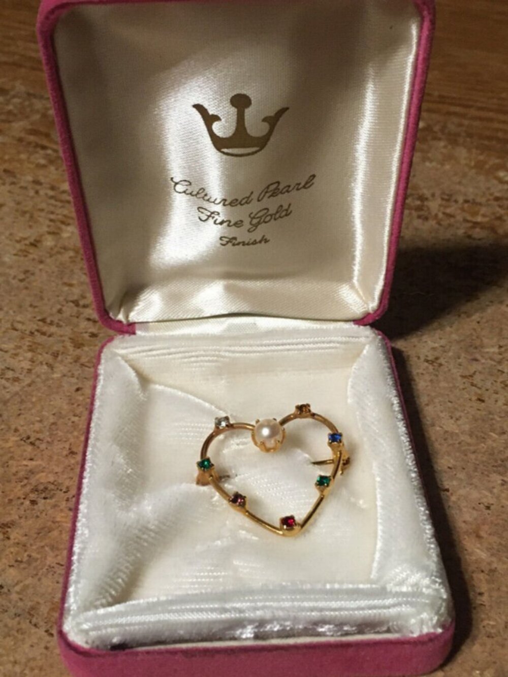 CULTURED FINE GOLD PEARL DIAMOND GEMSTONES FINE GOLD HEART BROOCH PIN